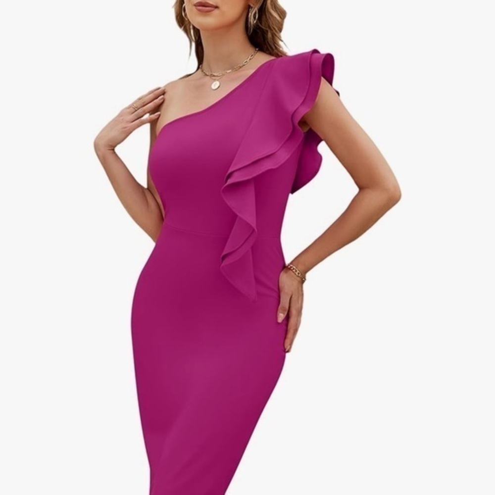 Women's One Shoulder Ruffle Bodycon Dress Elegant Cocktail Party Slit Midi